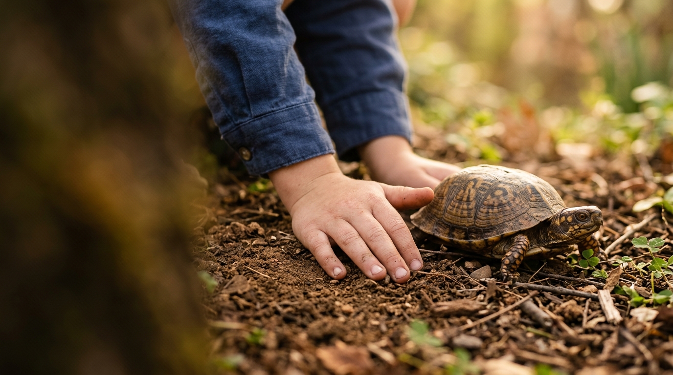 A stark macro photograph of an 8-year-old child's hands resting on damp earth, gently touching a rough turtle shell.